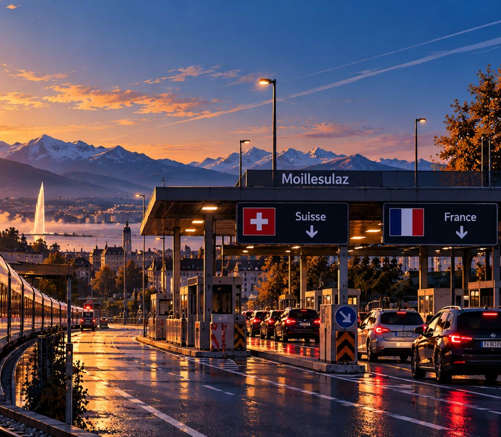 Illustration : la douane de Moillesulaz entre la Suisse et la France au lever du soleil, avec Genève et le jet d'eau au loin
